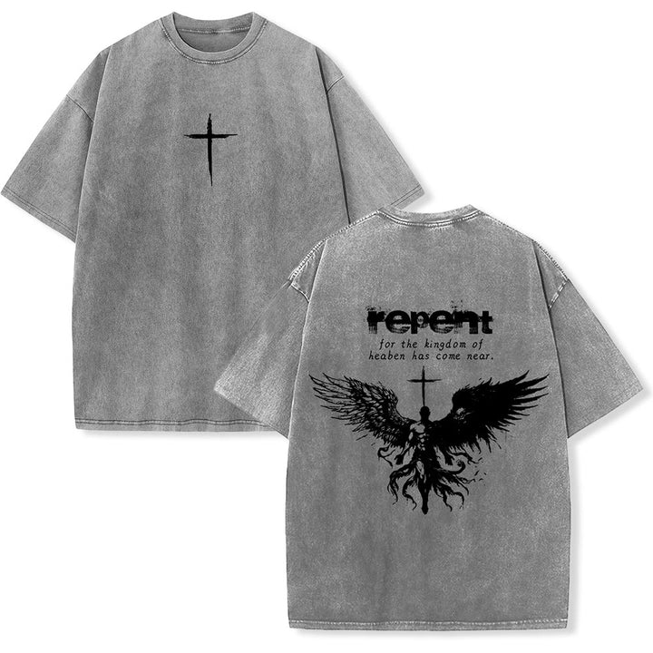 Christianartworkshop Repent For The Kingdom Of Heaven Unisex Washed T-Shirt - Grey - 5XL - image 0