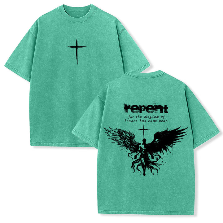 Christianartworkshop Repent For The Kingdom Of Heaven Unisex Washed T-Shirt - Green - 5XL - image 6