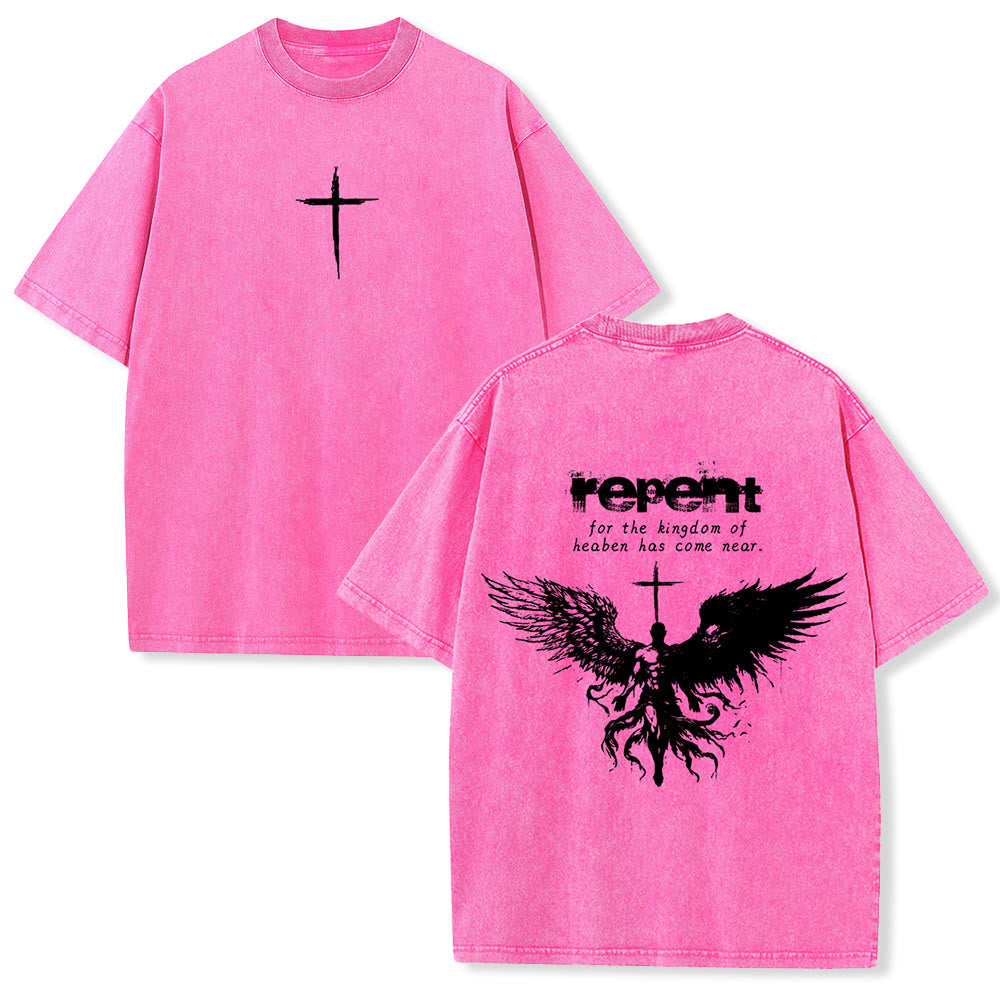 Christianartworkshop Repent For The Kingdom Of Heaven Unisex Washed T-Shirt - Pink - 5XL - image 24