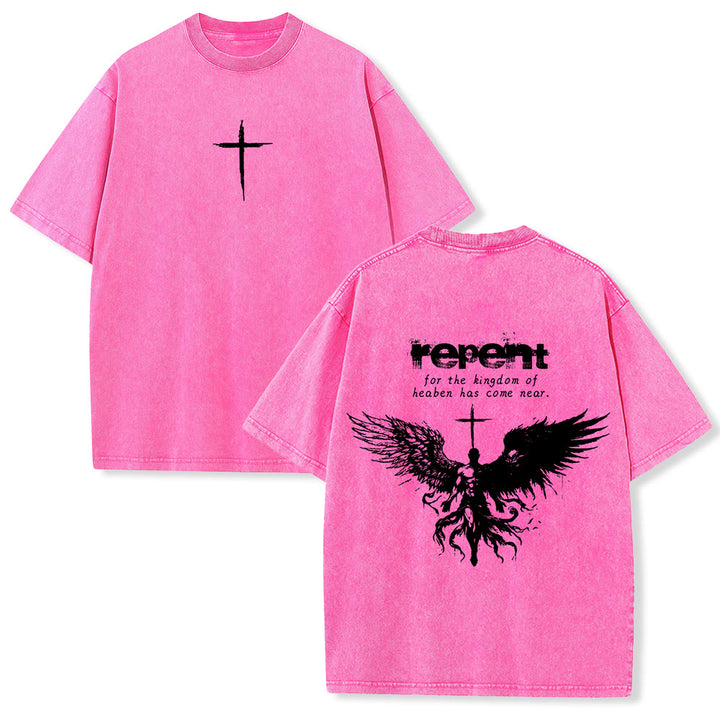 Christianartworkshop Repent For The Kingdom Of Heaven Unisex Washed T-Shirt - Pink - 5XL - image 24
