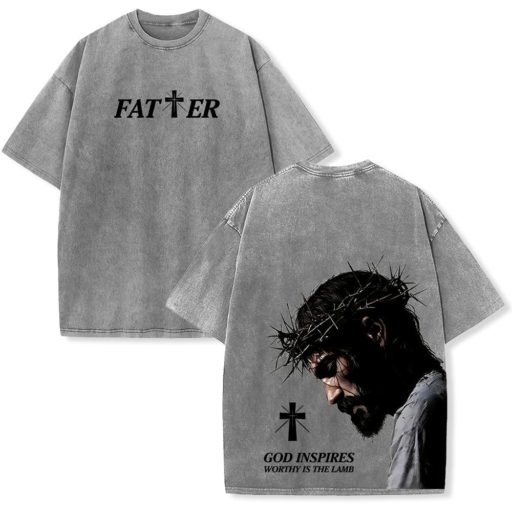 Christianartworkshop Faith-Filled Jesus Crown of Thorns Unisex Washed T-Shirt - Grey - 5XL - image 0