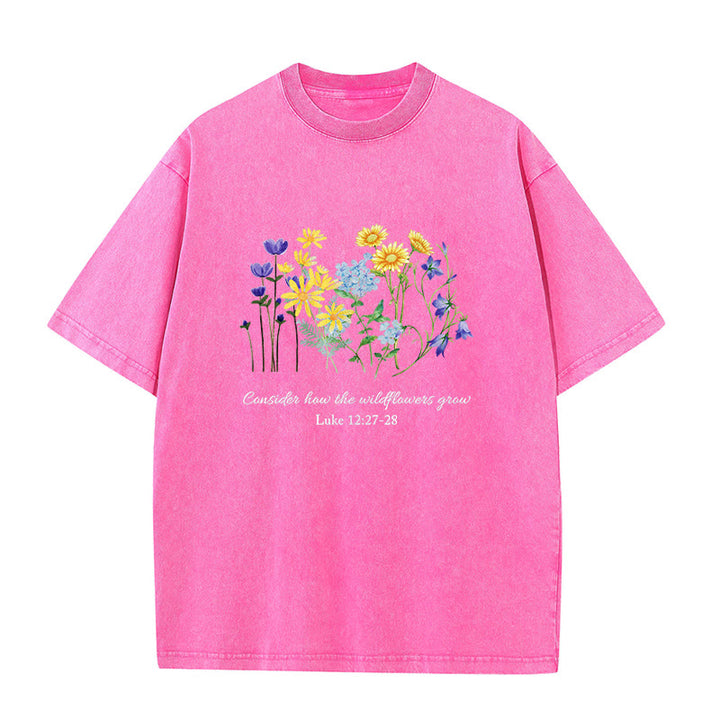 Christianartworkshop Consider How The Wildflowers Grow Unisex Washed T-Shirt - Pink - 5XL - image 8