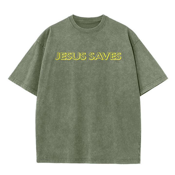 Christianartworkshop Jesus Saves Repeat Text Unisex Washed T-Shirt - image 14