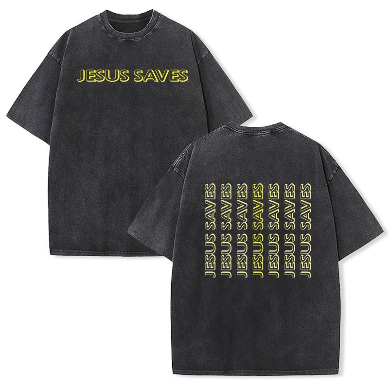 Christianartworkshop Jesus Saves Repeat Text Unisex Washed T-Shirt - Black - 5XL - image 3