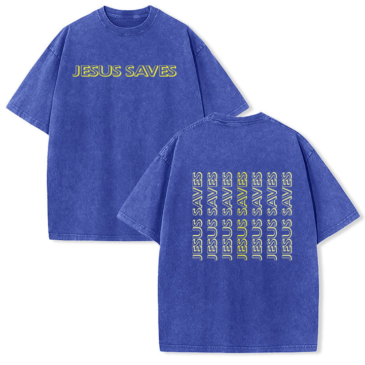 Christianartworkshop Jesus Saves Repeat Text Unisex Washed T-Shirt - Blue - 5XL - image 0