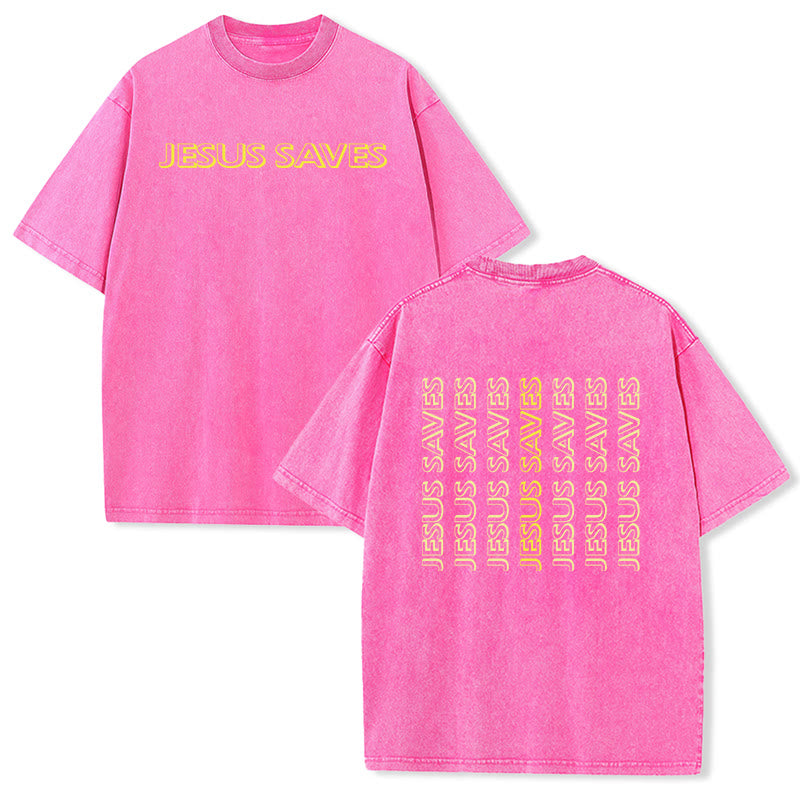 Christianartworkshop Jesus Saves Repeat Text Unisex Washed T-Shirt - Pink - 5XL - image 24