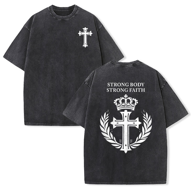 Christianartworkshop Strong Body Strong Faith Cross Crown Unisex Washed T-Shirt - Black - 5XL - image 3