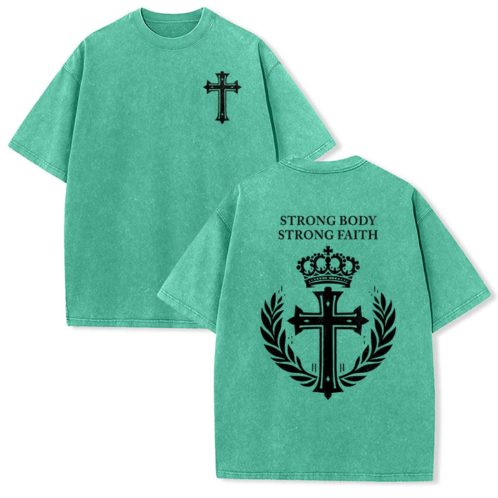 Christianartworkshop Strong Body Strong Faith Cross Crown Unisex Washed T-Shirt - Green - 5XL - image 6