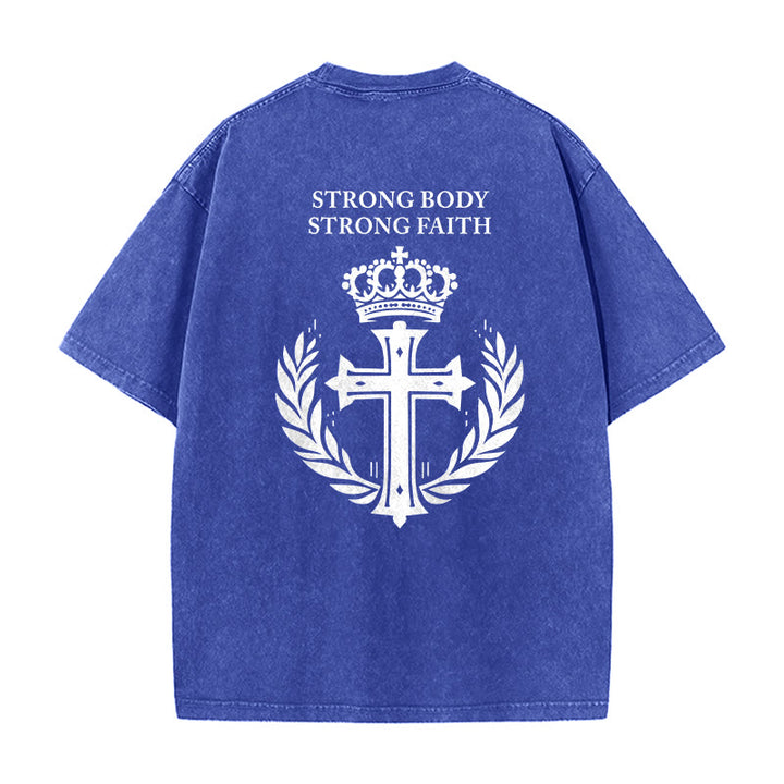Christianartworkshop Strong Body Strong Faith Cross Crown Unisex Washed T-Shirt - image 19
