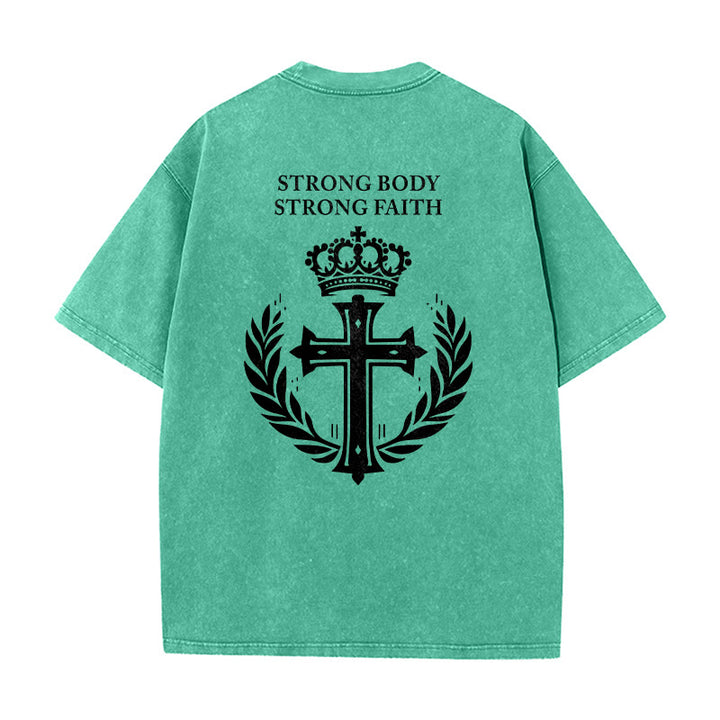 Christianartworkshop Strong Body Strong Faith Cross Crown Unisex Washed T-Shirt - image 7