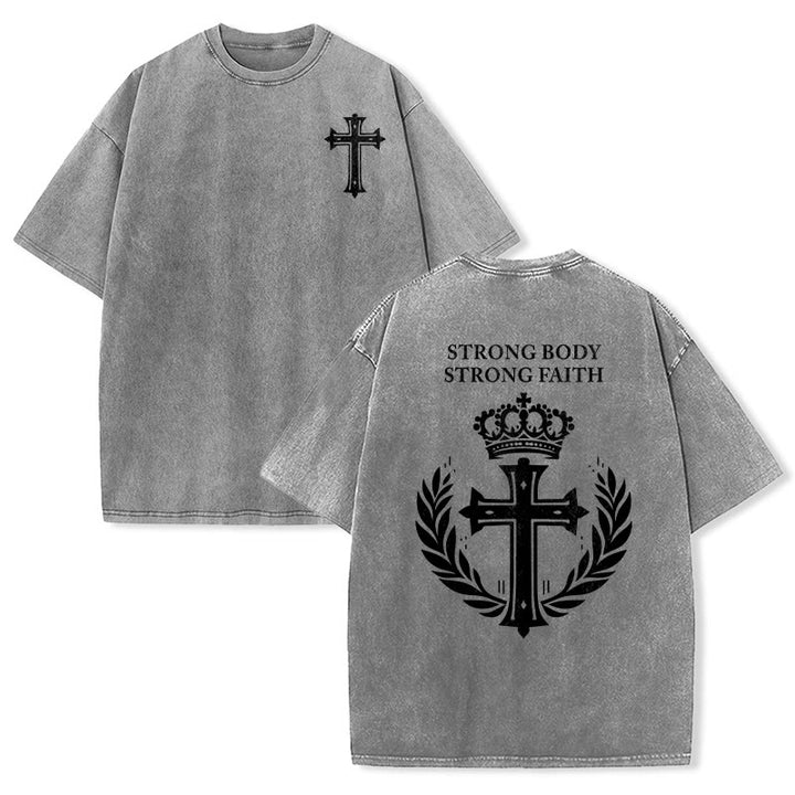 Christianartworkshop Strong Body Strong Faith Cross Crown Unisex Washed T-Shirt - Grey - 5XL - image 0
