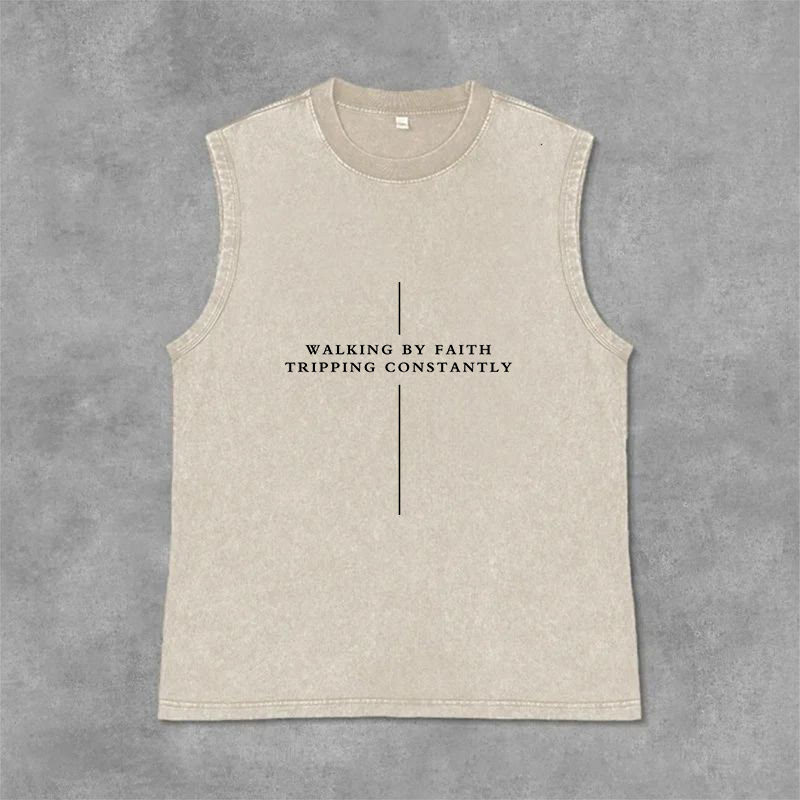 Christianartworkshop Walking By Faith Tripping Constantly Cross Unisex Washed Tank Top - Beige - 2XL - image 0