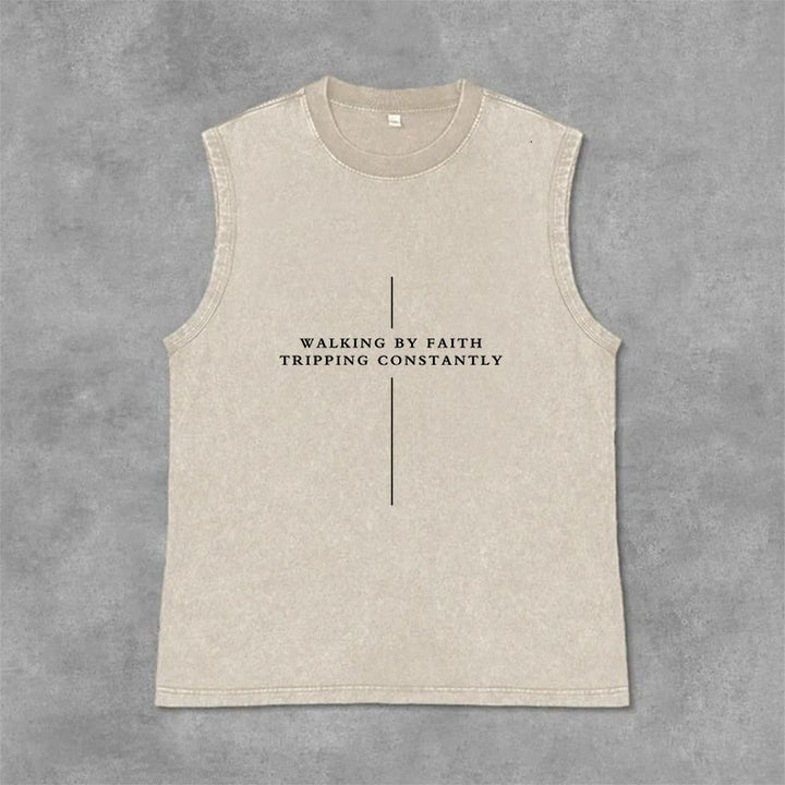 Christianartworkshop Walking By Faith Tripping Constantly Cross Unisex Washed Tank Top - Beige - 2XL - image 0