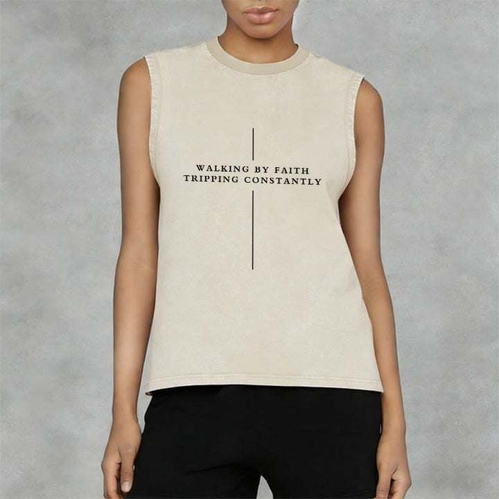 Christianartworkshop Walking By Faith Tripping Constantly Cross Unisex Washed Tank Top - image 2