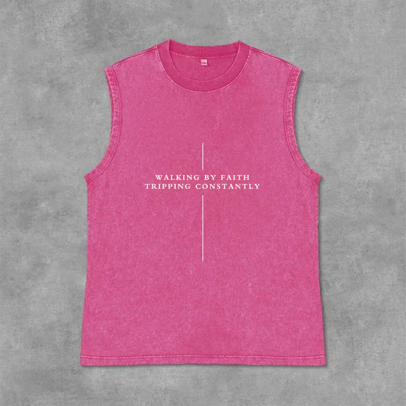 Christianartworkshop Walking By Faith Tripping Constantly Cross Unisex Washed Tank Top - Pink - 2XL - image 12