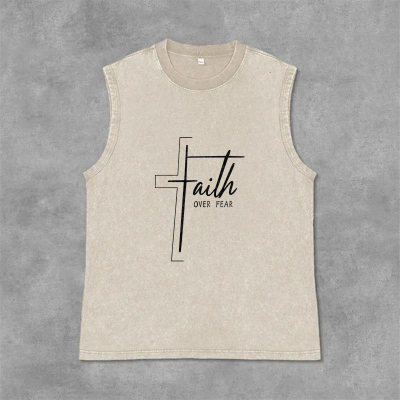 Christianartworkshop Handwritten Faith Over Fear Unisex Washed Tank Top - Beige - 2XL - image 9