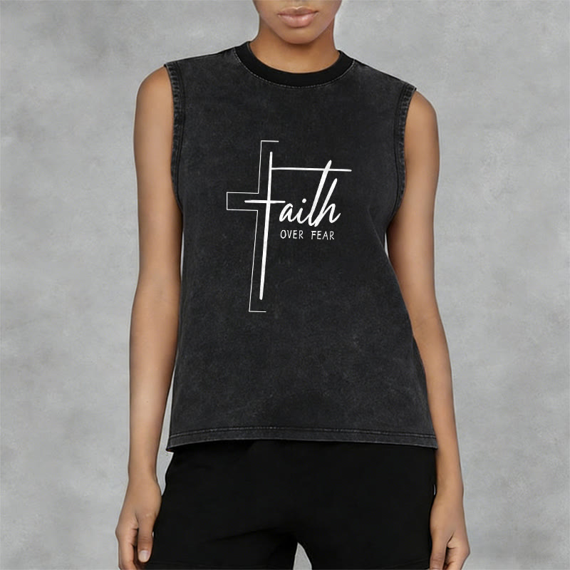 Christianartworkshop Handwritten Faith Over Fear Unisex Washed Tank Top - image 5