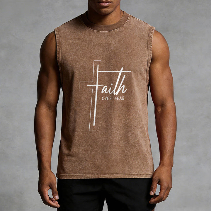 Christianartworkshop Handwritten Faith Over Fear Unisex Washed Tank Top - image 7
