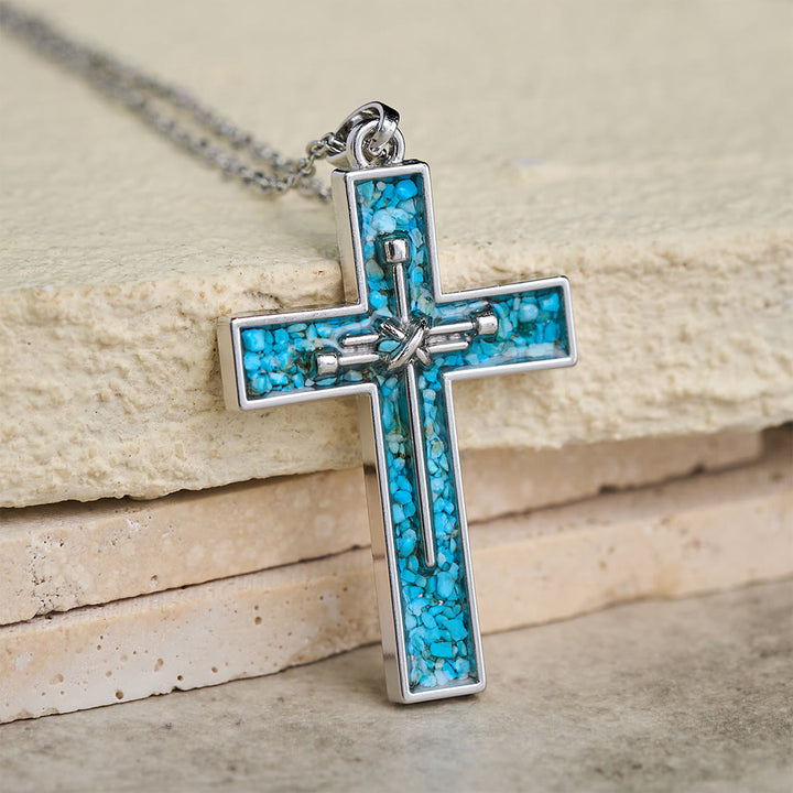 Christianartworkshop Turquoise Inlay Nail Cross Necklace: A Symbol of Christ’s Sacrificial Love - Blue - image 0