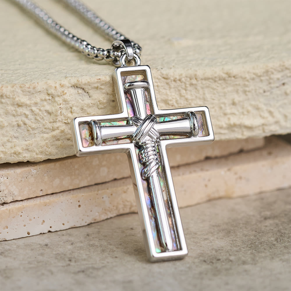 Christianartworkshop Abalone Shell Inlay Nail Cross Necklace: A Symbol of Christ’s Sacrificial Love - White - image 0