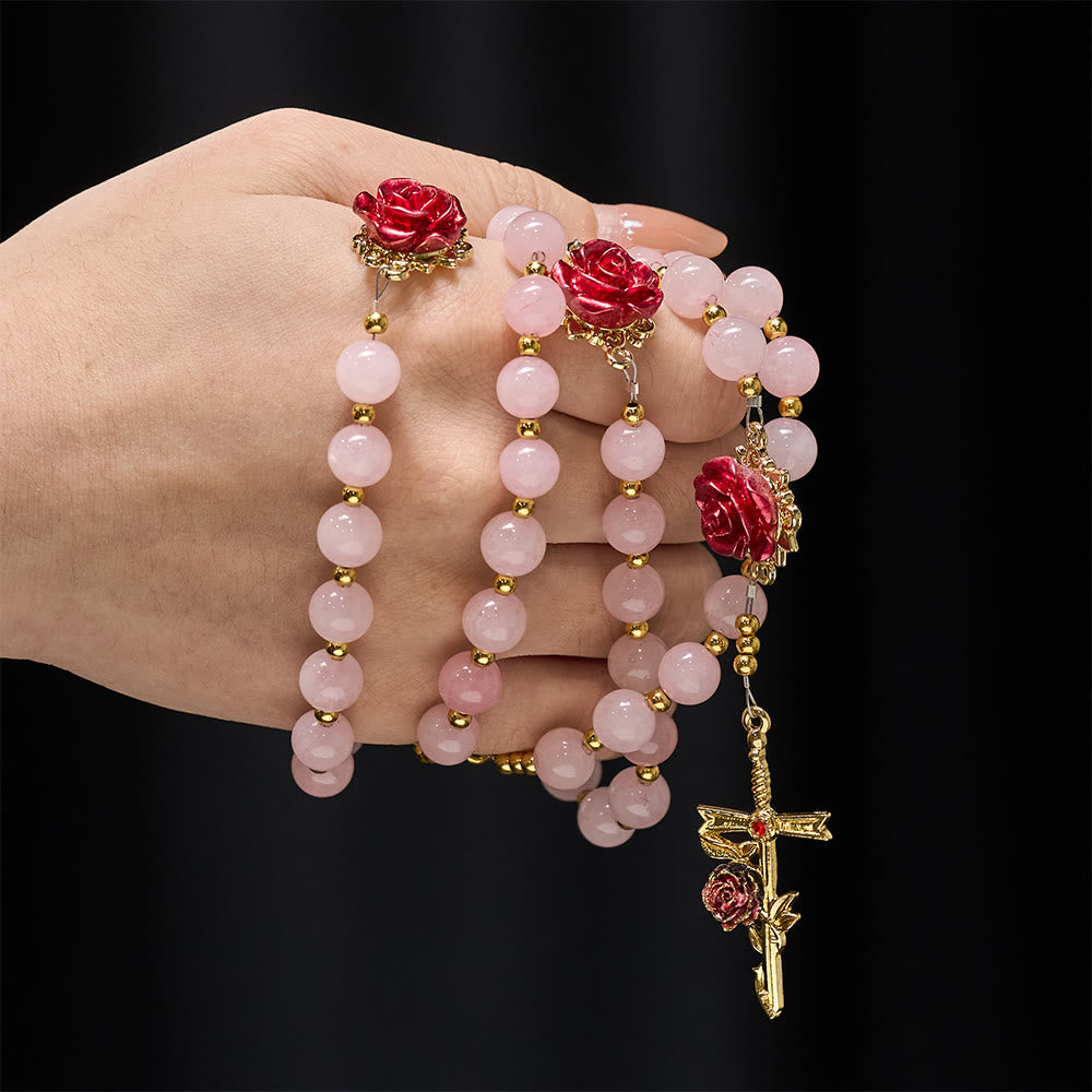 Christianartworkshop Rose Quartz Rosary with Enamel Roses: A Symbol of Faith & Unfailing Love - image 1