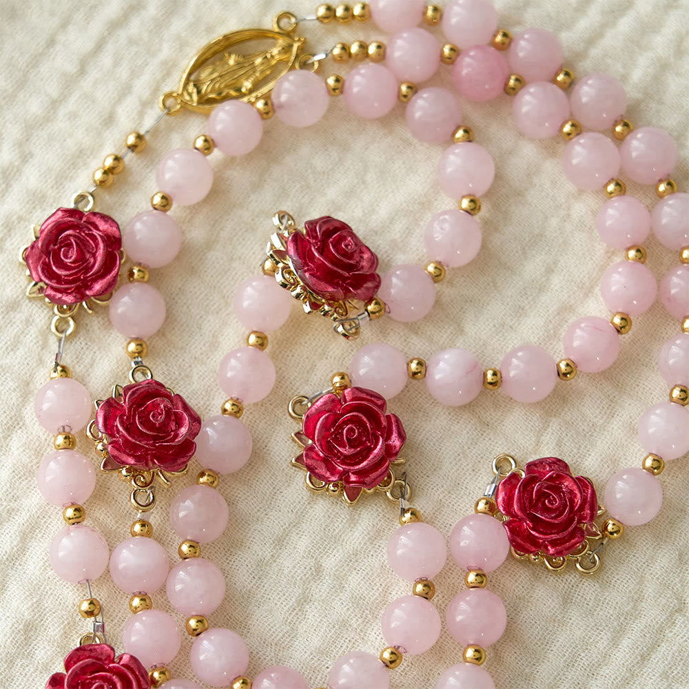 Christianartworkshop Rose Quartz Rosary with Enamel Roses: A Symbol of Faith & Unfailing Love - image 3