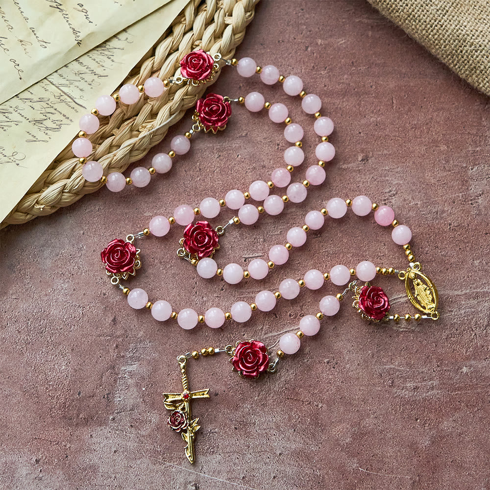 Christianartworkshop Rose Quartz Rosary with Enamel Roses: A Symbol of Faith & Unfailing Love - image 2