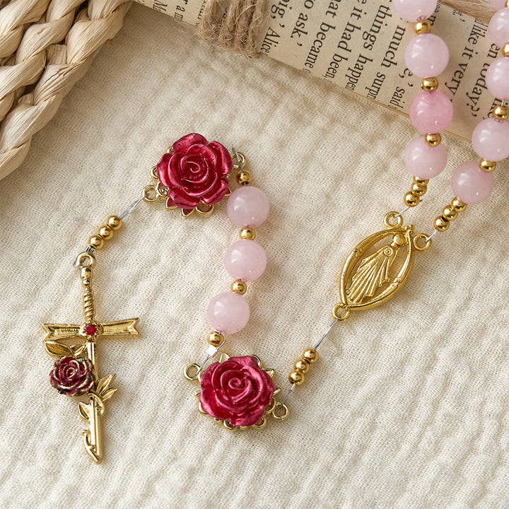 Christianartworkshop Rose Quartz Rosary with Enamel Roses: A Symbol of Faith & Unfailing Love - image 4