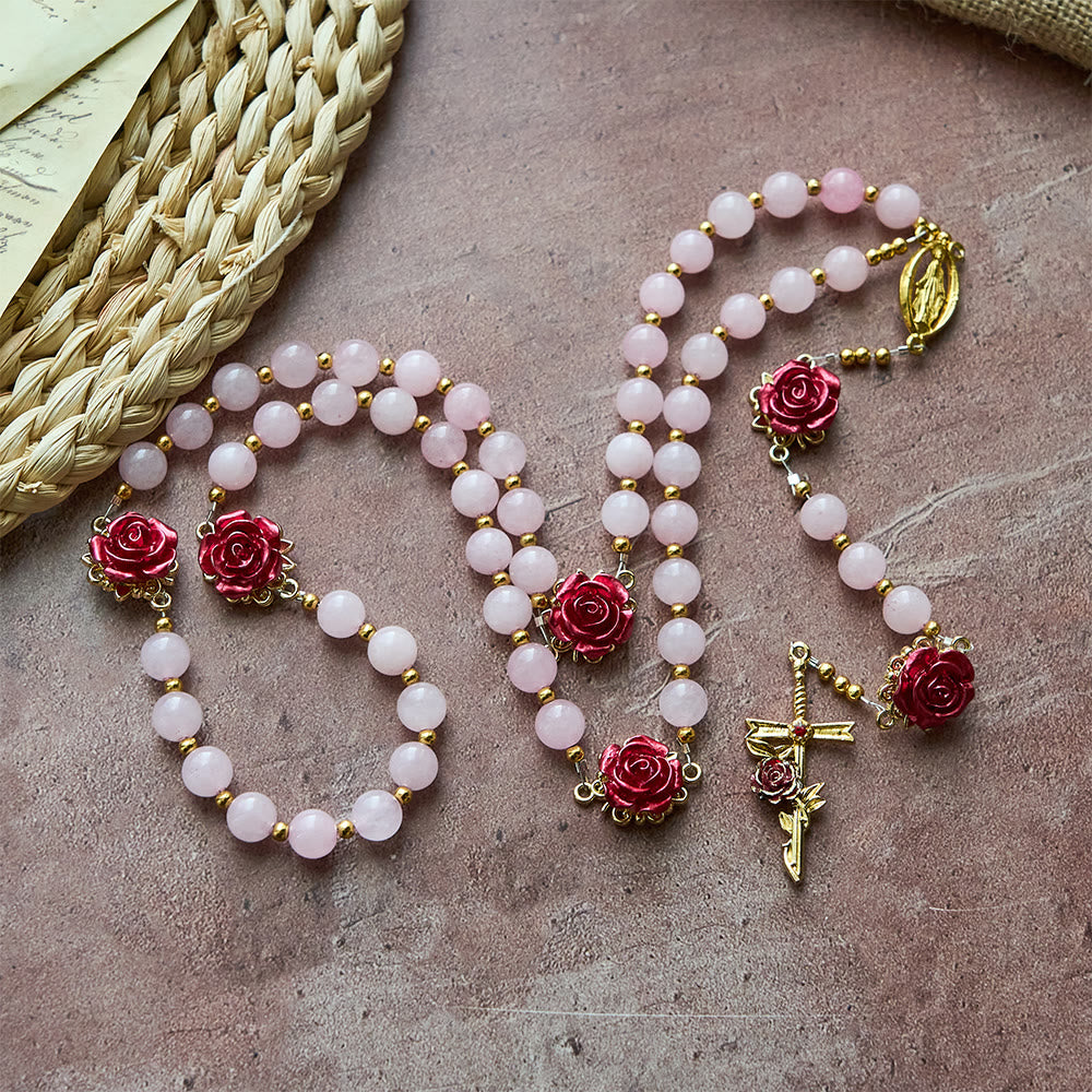 Christianartworkshop Rose Quartz Rosary with Enamel Roses: A