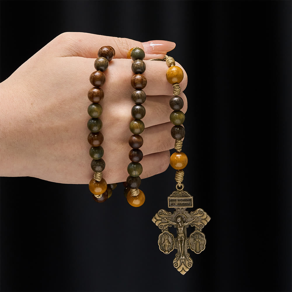 Christianartworkshop Sandalwood Beads Rosary with St. Benedict & Crucifix: Bronze Medallion Design - image 1