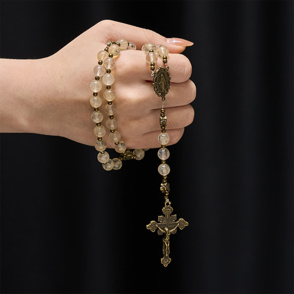 Christianartworkshop Amber Glass Bead Rosary with Camellia Accents: A Symbol of Christ’s Light & Purity - image 1