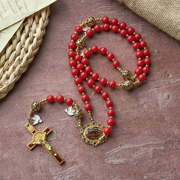 Christianartworkshop Holy Spirit Dove Rosary: Red Beads & Gold-Tone Crucifix for Prayerful Devotion - Our Lady & Crucifix - image 0