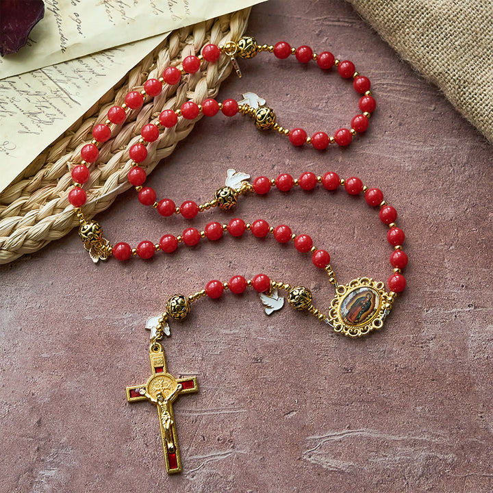 Christianartworkshop Holy Spirit Dove Rosary: Red Beads & Gold-Tone Crucifix for Prayerful Devotion - image 2