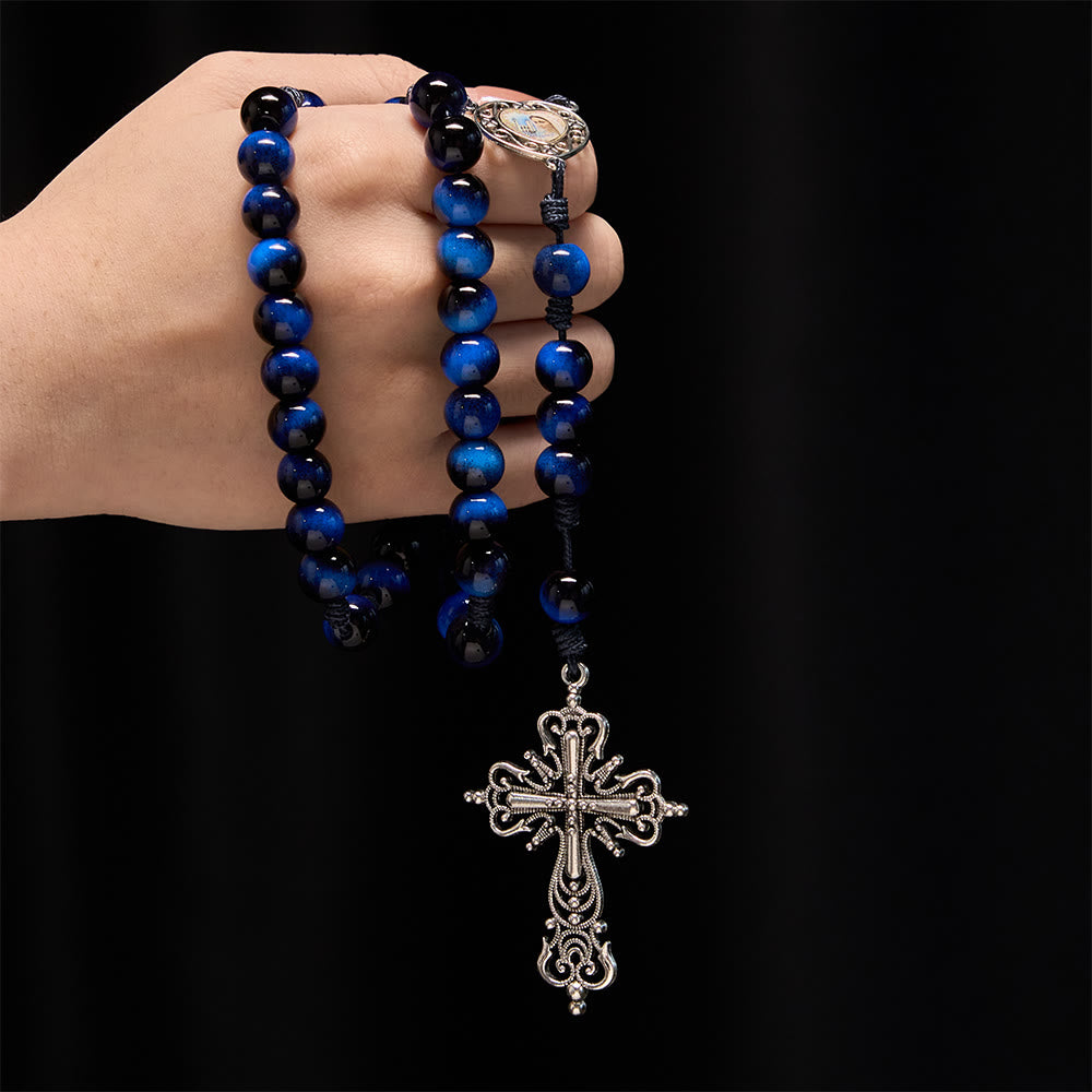 Christianartworkshop Blue Tiger Eye Rosary with Silver-Tone Crucifix: A Symbol of God’s Unshakable Strength - image 1