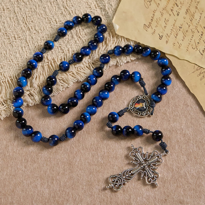 Christianartworkshop Blue Tiger Eye Rosary with Silver-Tone Crucifix: A Symbol of God’s Unshakable Strength - Blue Tiger's Eye Rosary - image 0
