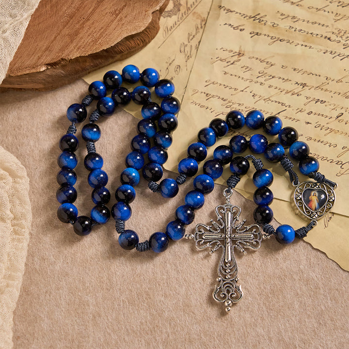 Christianartworkshop Blue Tiger Eye Rosary with Silver-Tone Crucifix: A Symbol of God’s Unshakable Strength - image 4