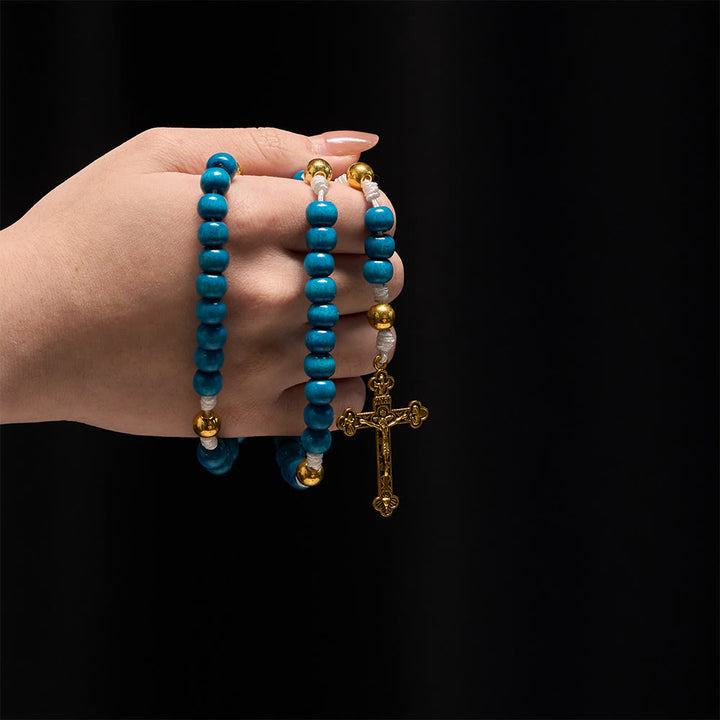 Christianartworkshop Blue Wooden Bead Rosary with Our Lady Medallion: A Symbol of Grace and Divine Faith - image 1