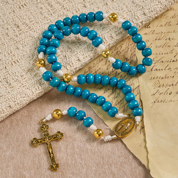 Christianartworkshop Blue Wooden Bead Rosary with Our Lady Medallion: A Symbol of Grace and Divine Faith - image 2