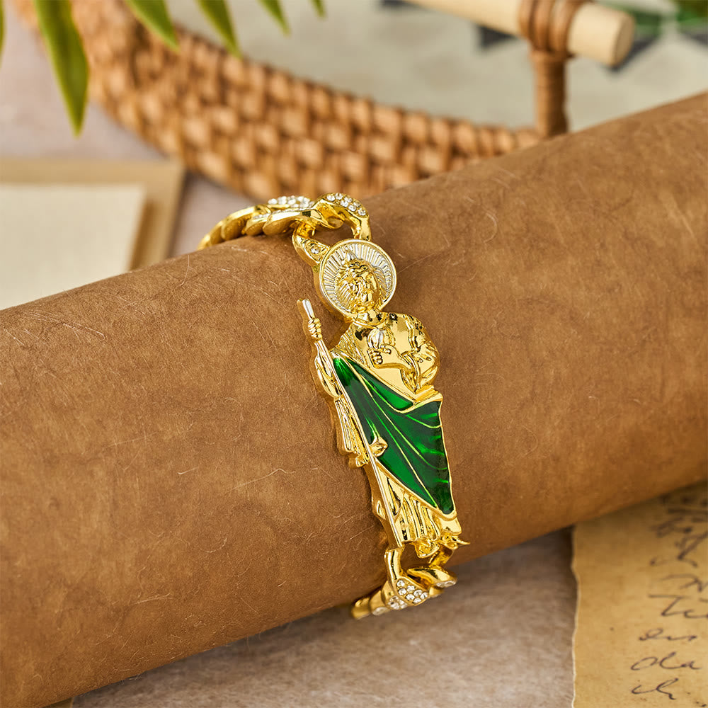 Christianartworkshop St. Jude with Green Robe Zircon Curb Bracelet: A Symbol of Sacred Grace and Protection - image 1