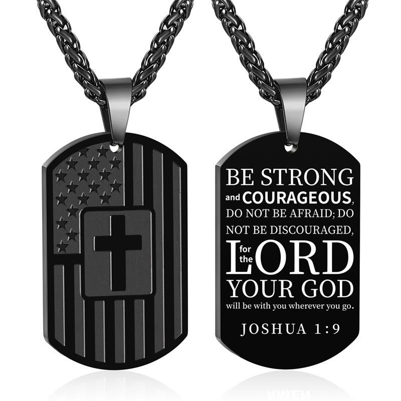 Christianartworkshop American Flag & Cross Double-Sided Scripture Necklace: A Symbol of Sacred Strength and Courage - Black Joshua 1:9 - image 1