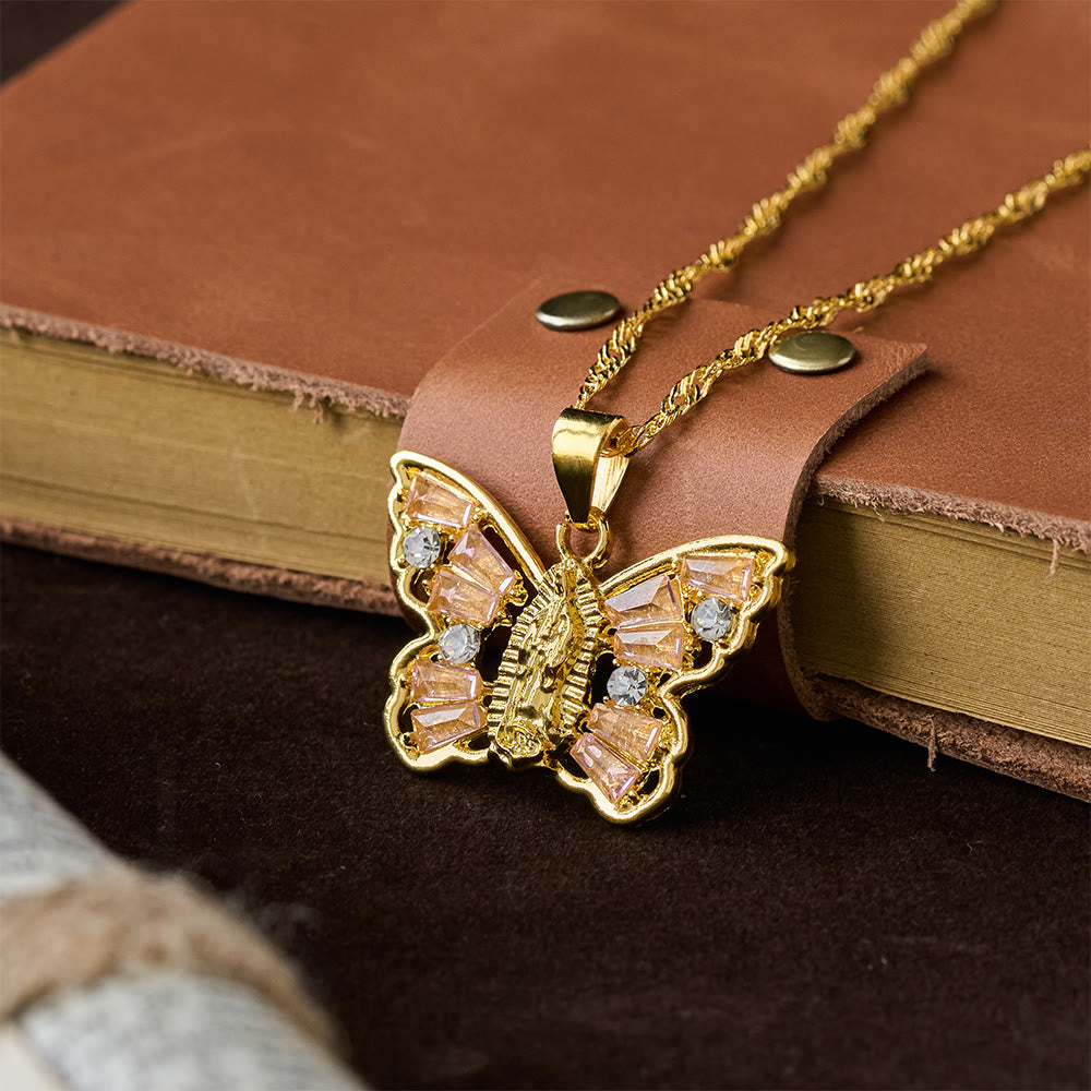 Christianartworkshop Spiritual Rebirth Butterfly Necklace: Our Lady Center & Crystal Wing Twisted Rope Chain - Pink - image 1