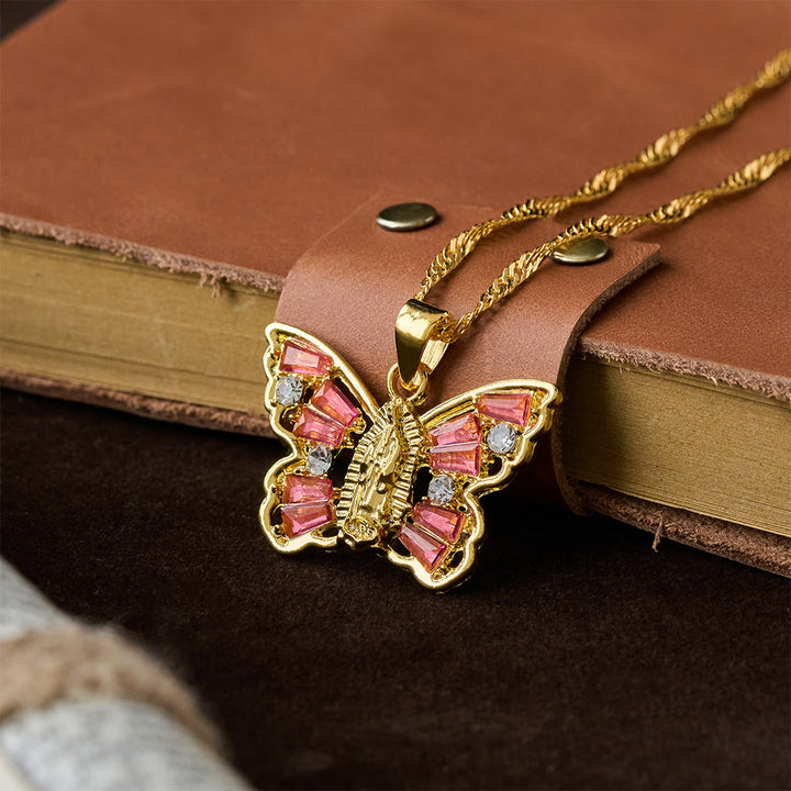 Christianartworkshop Spiritual Rebirth Butterfly Necklace: Our Lady Center & Crystal Wing Twisted Rope Chain - Red - image 4