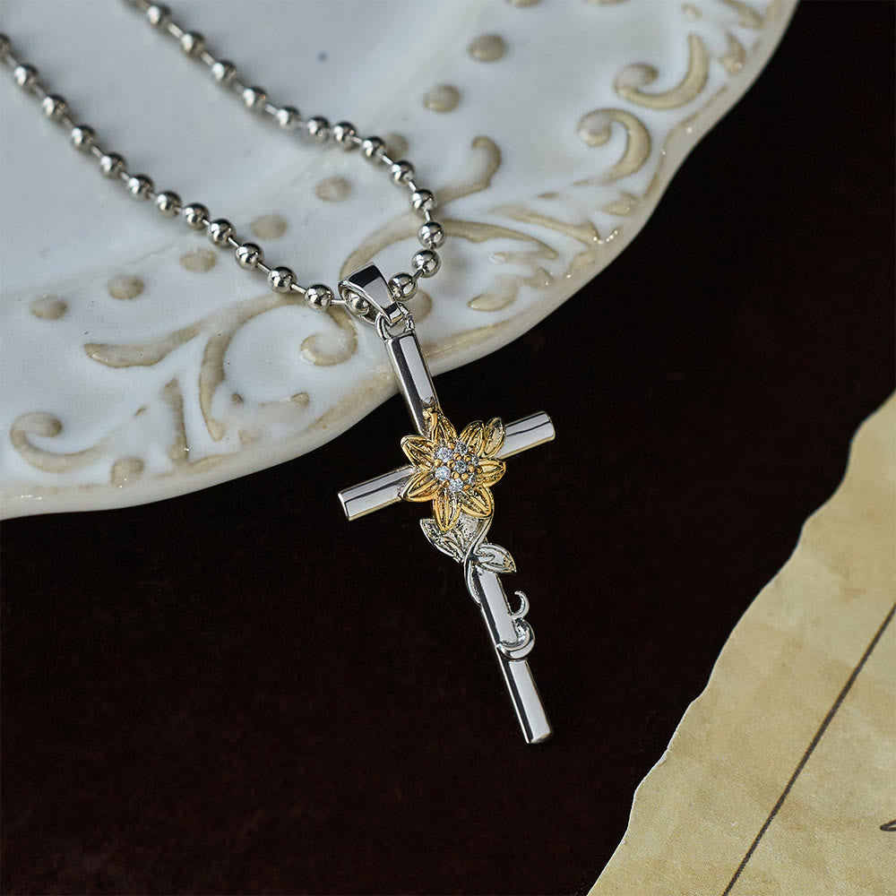 Christianartworkshop Silver-Toned Cross Pendant Necklace with Golden Floral & Leaf Detailing - image 2