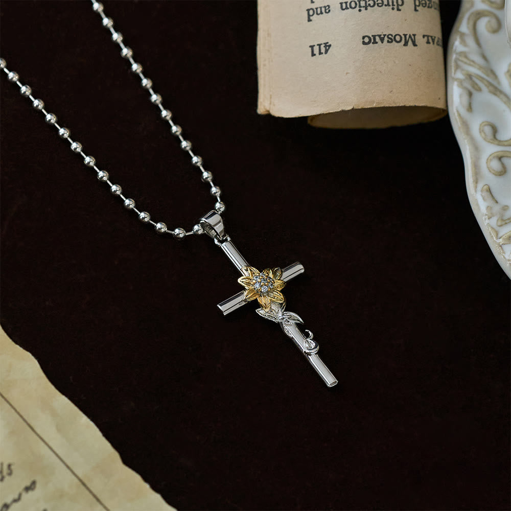 Christianartworkshop Silver-Toned Cross Pendant Necklace with Golden Floral & Leaf Detailing - image 1