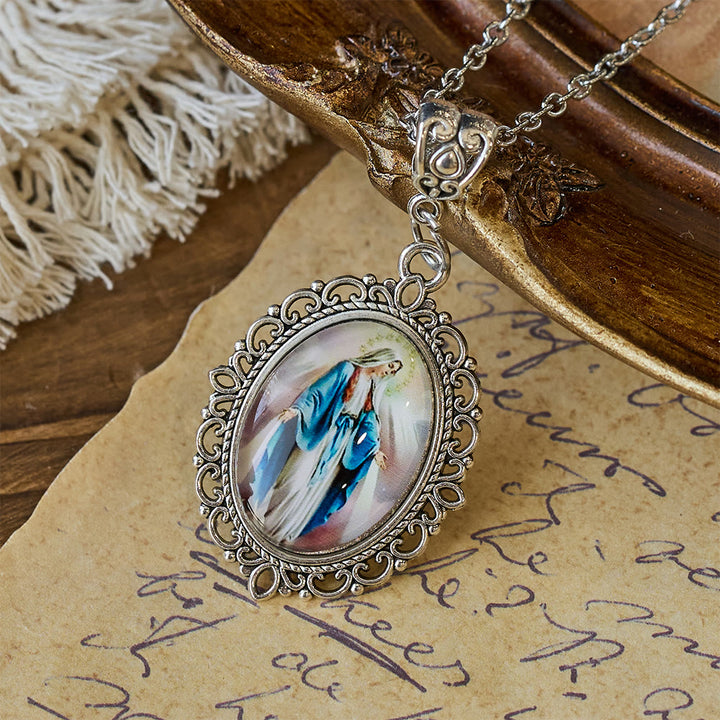 Christianartworkshop Filigree Frame Our Lady Portrait Necklace: A Symbol of Sacred Grace and Divine Light - Pink - image 3