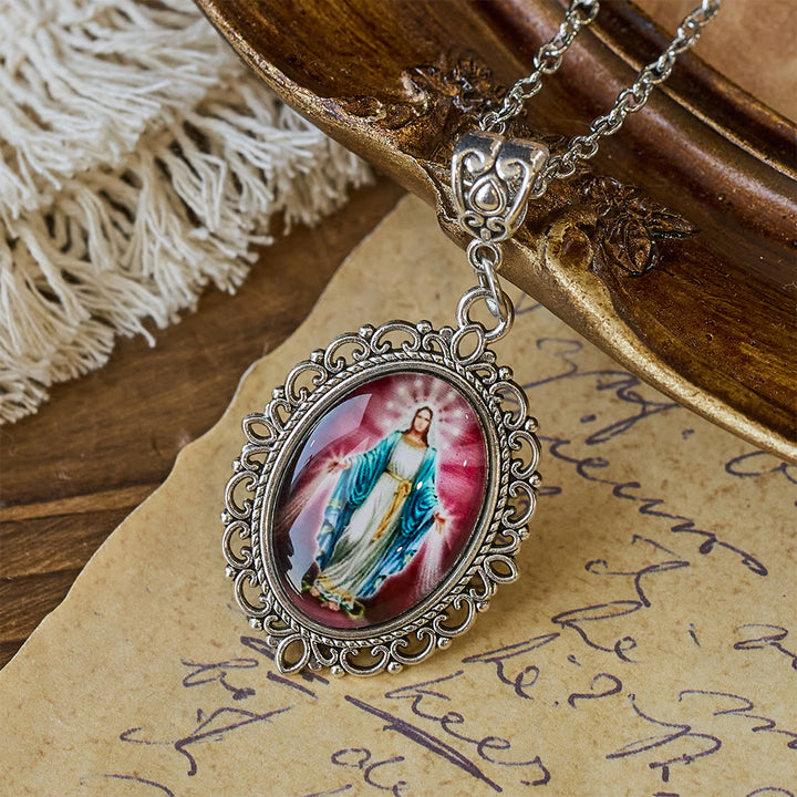 Christianartworkshop Filigree Frame Our Lady Portrait Necklace: A Symbol of Sacred Grace and Divine Light - Purple - image 9
