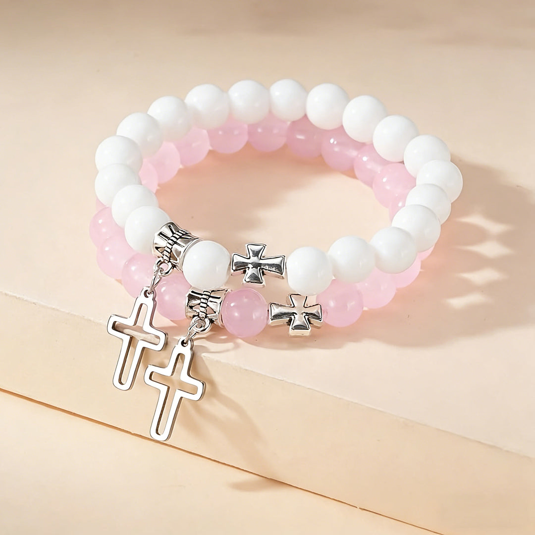 Christianartworkshop Dual-Tone Cross Charm Bead Bracelet Set: A Symbol of Faith in Every Wear - Pink + White - image 0