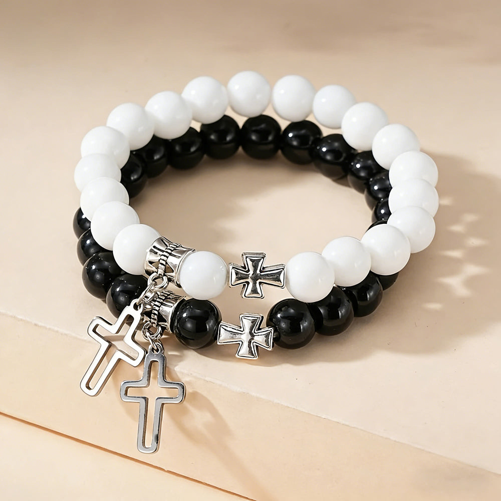 Christianartworkshop Dual-Tone Cross Charm Bead Bracelet Set: A Symbol of Faith in Every Wear - Black + White - image 1