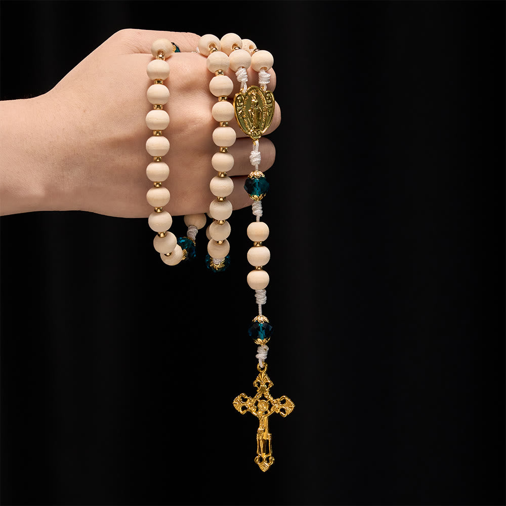 Christianartworkshop Our Lady of Grace Wood Bead Rosary with Peacock Blue Bead Accents - image 1