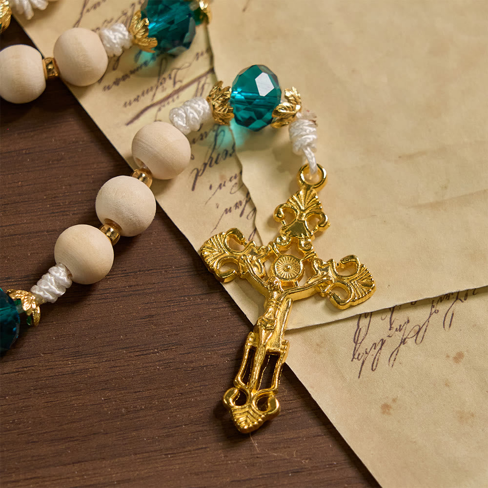 Christianartworkshop Our Lady of Grace Wood Bead Rosary with Peacock Blue Bead Accents - image 7